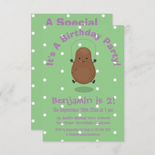 かわいいハッピーポテトジャンプのロープ漫画 招待状 (正面/裏面)