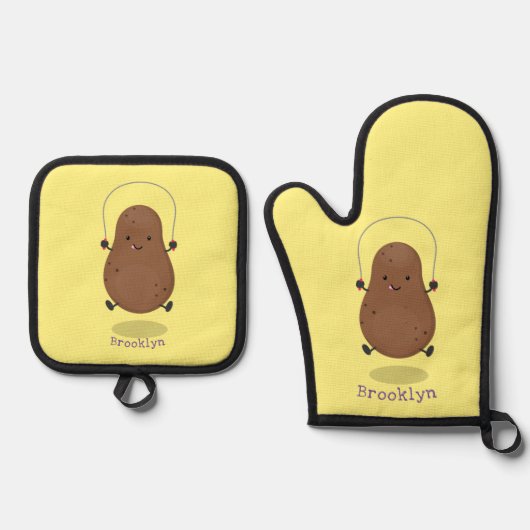 かわいいハッピーポテトジャンプのロープ漫画 鍋つかみ&鍋敷きセット (正面)