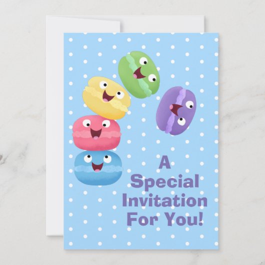 かわいいハッピーマカロンの漫画の誕生日 招待状 (裏面)