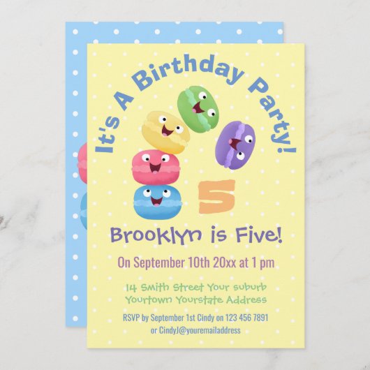 かわいいハッピーマカロンの漫画の誕生日 招待状 (正面/裏面)