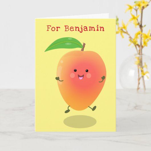 かわいいハッピーマンゴー黄色の漫画イラストレーション カード (黄色い花)