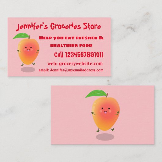 かわいいハッピーマンゴー黄色の漫画イラストレーション 名刺 (正面/裏面)