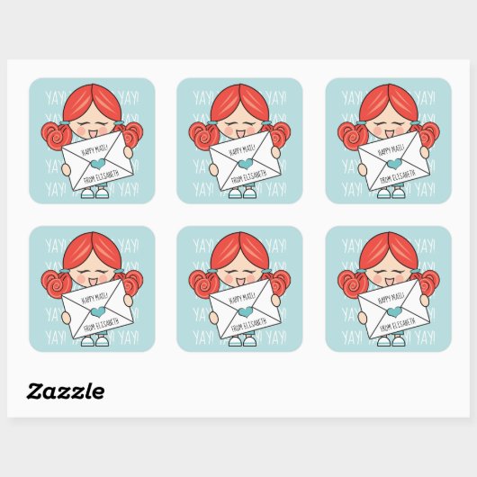 かわいいハッピーメールレッドヘッドガールピンクハートシール スクエアシール (シート)