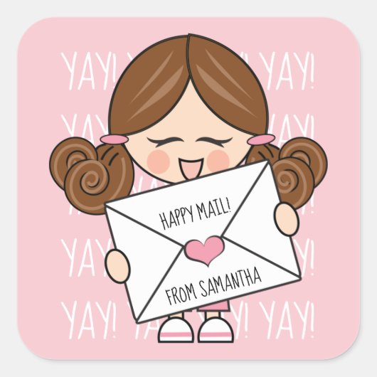 かわいいハッピーメール茶色のヘアガールピンクハートシール スクエアシール (正面)