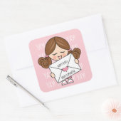 かわいいハッピーメール茶色のヘアガールピンクハートシール スクエアシール (封筒)