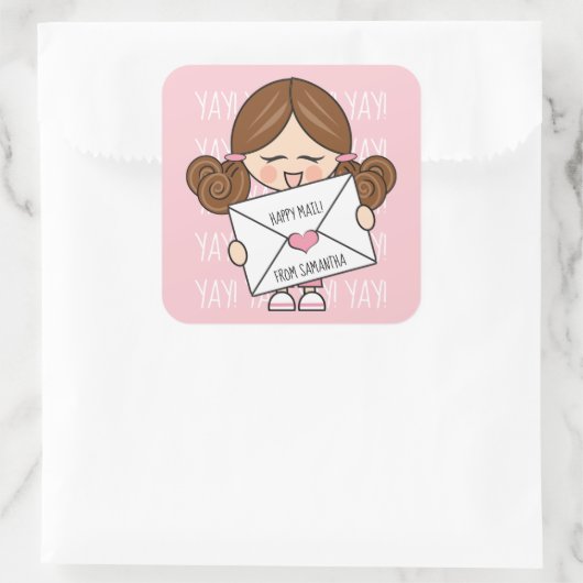 かわいいハッピーメール茶色のヘアガールピンクハートシール スクエアシール (バッグ)