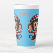 かわいいハッピーモンキーサッカー選手 カフェラテマグ (正面)