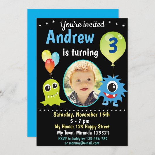 かわいいハッピーモンスターバースデー招待状 招待状 (正面/裏面)