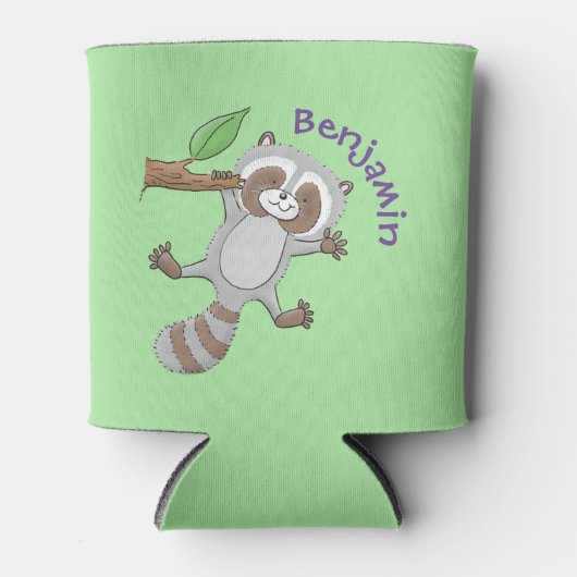 かわいいハッピーラクーンベビー漫画イラストレーション 缶クーラー (正面)