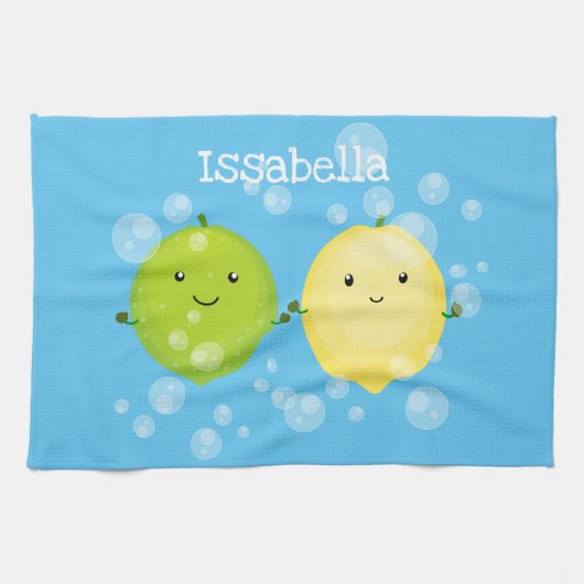 かわいいハッピーレモンライム漫画イラストレーション キッチンタオル (横)