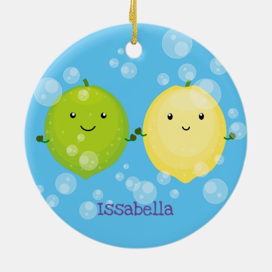 かわいいハッピーレモンライム漫画イラストレーション セラミックオーナメント (裏面)
