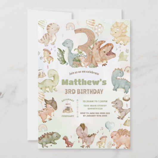 かわいいハッピー恐竜３さいおたんじょうび３ 招待状 (正面)