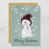 かわいいハッピー雪だるまウィンターブルークリスマス シーズンカード (正面/裏面)