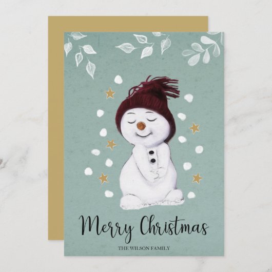 かわいいハッピー雪だるまウィンターブルークリスマス シーズンカード (正面/裏面)