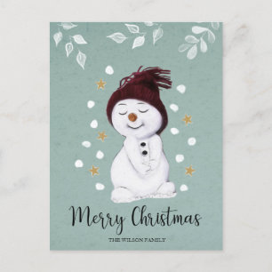 かわいいハッピー雪だるまウィンターブルークリスマス シーズンポストカード