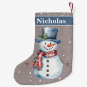 かわいいハッピー雪だるまグレー雪背景 スモールクリスマスストッキング (裏面)