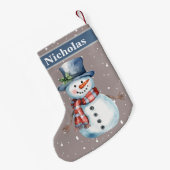 かわいいハッピー雪だるまグレー雪背景 スモールクリスマスストッキング (裏面 (吊り時))
