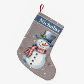 かわいいハッピー雪だるまグレー雪背景 スモールクリスマスストッキング (正面 (吊り時))