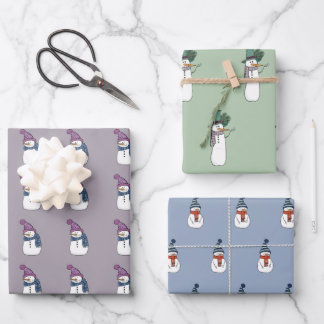 かわいいハッピー雪だるまラッピング紙セット3 ラッピングペーパーシート