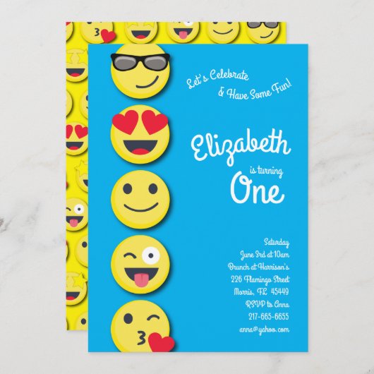 かわいいハッピー顔キッズ1st誕生日パーティー 招待状 (正面/裏面)