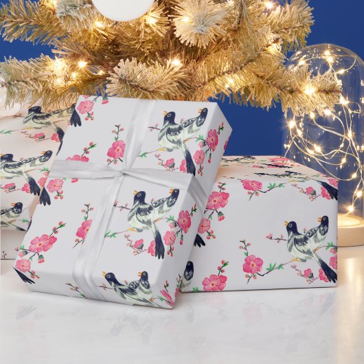 かわいいハトの鳥黒い灰色のピンクの花 ラッピングペーパー (クリスマス)