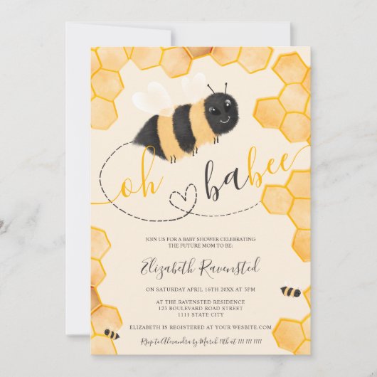 かわいいハニカムのまわりに水カラーベビーシャワー 招待状 (正面)