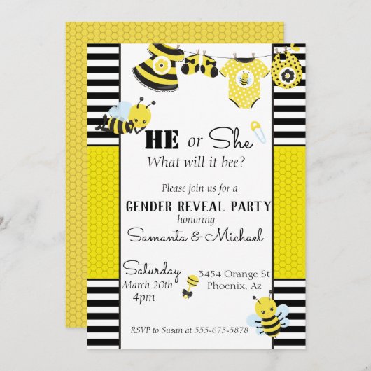 かわいいハニカムジェンダーベビーがパーティーを明かす 招待状 (正面/裏面)