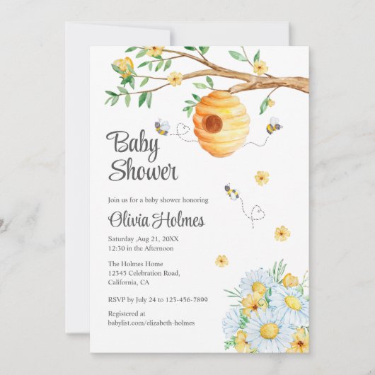 かわいいハニービーとシャモミーユ赤ちゃんシャワー 招待状 (正面)