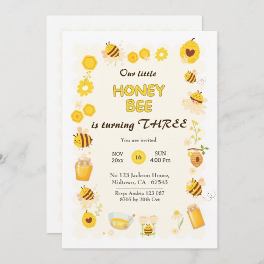 かわいいハニービーをテーマにした誕生日3 招待状 (正面/裏面)