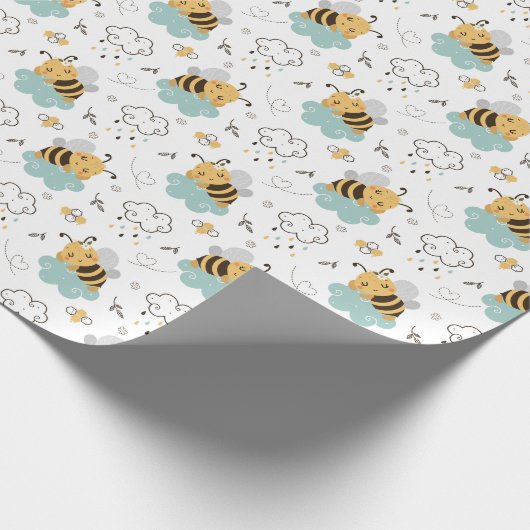かわいいハニービーイエローティール（緑がかった色）グレーベビーシャワー ラッピングペーパー (角)