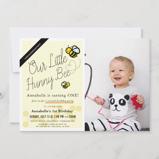 かわいいハニービーイエローフォトバーチャル1st誕生日 招待状 (正面)
