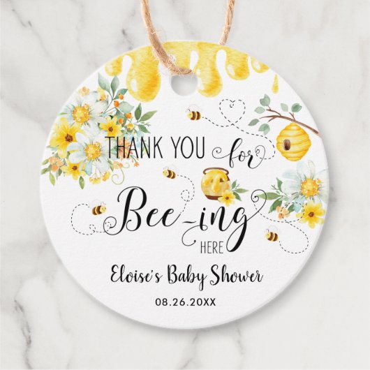 かわいいハニービーイエローフローラ誕生日ベビーシャワー フェイバータグ (正面)