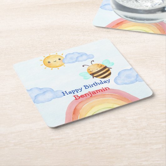 かわいいハニービービー誕生日パーティー スクエアペーパーコースター (アングル)