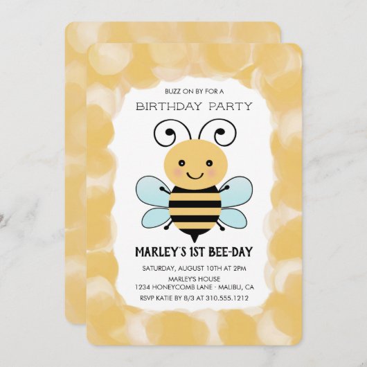 かわいいハニービー誕生日パーティー 招待状 (正面/裏面)