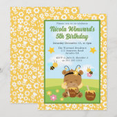 かわいいハニーベアと蜂の子供の誕生日 招待状 (正面/裏面)