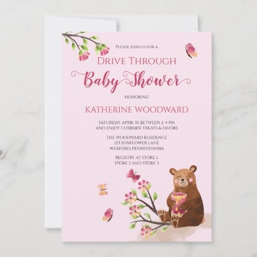 かわいいハニーベアードライブ通りガールベビーシャワーinv 招待状 (正面)