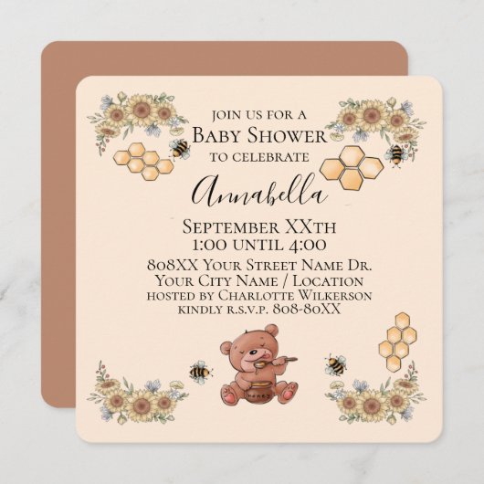 かわいいハニーベア&ヒマワリ付きミツバチ赤ちゃんシャワー 招待状 (正面/裏面)