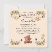 かわいいハニーベア&ヒマワリ付きミツバチ赤ちゃんシャワー 招待状 (正面)