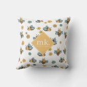 かわいいハニーミツバチ&フローラワイルドフラワーモノグラム クッション (裏面)
