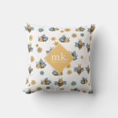 かわいいハニーミツバチ&フローラワイルドフラワーモノグラム クッション (正面)