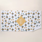 かわいいハニーミツバチ&フローラワイルドフラワーモノグラム ビーチタオル (正面)