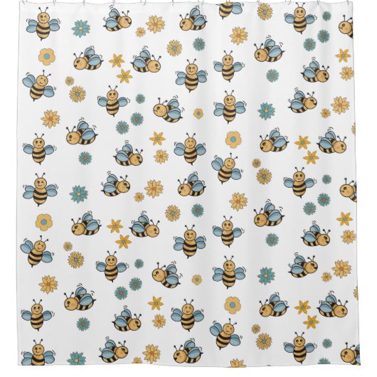 かわいいハニーミツバチ&フローラ野草 シャワーカーテン (正面)
