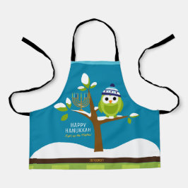 かわいいハヌッカフクロウ&（ユダヤ教）メノラー雪の子供へ木 エプロン