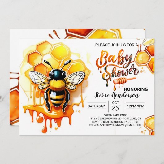 かわいいハネビーガール赤ちゃんシャワー招待状 招待状 (正面/裏面)