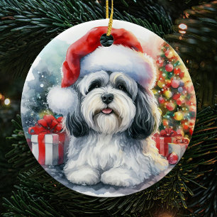 かわいいハバナ犬の水色クリスマス セラミックオーナメント