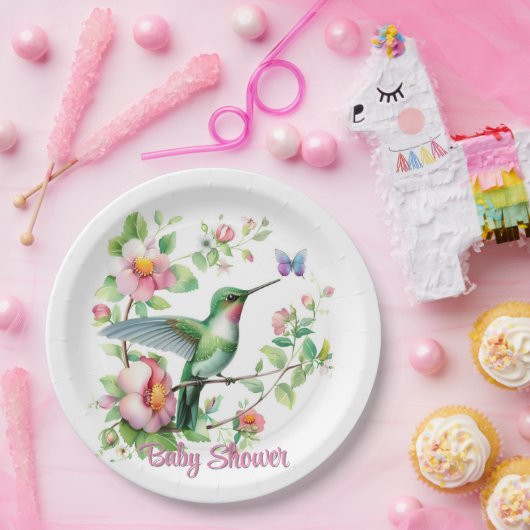 かわいいハミングバードとバタフライガールベビーシャワー ペーパープレート (パーティー)