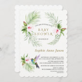 かわいいハミングバードトロピカルフラワーベビーシャワー 招待状 (正面/裏面)
