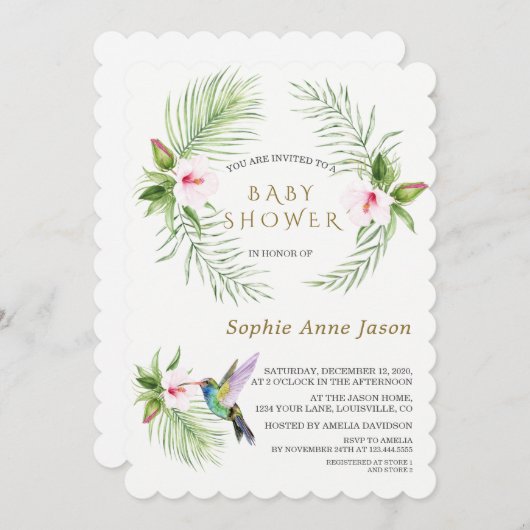 かわいいハミングバードトロピカルフラワーベビーシャワー 招待状 (正面/裏面)