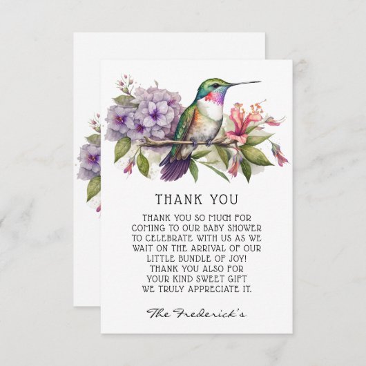 かわいいハミングバードフローラベビーシャワーサンキューカード サンキューカード (正面/裏面)