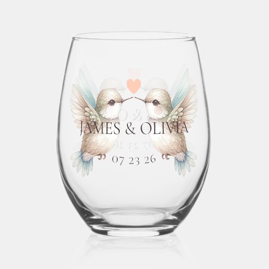 かわいいハミングバ結婚ードグラス ステムなしワイングラス (正面)